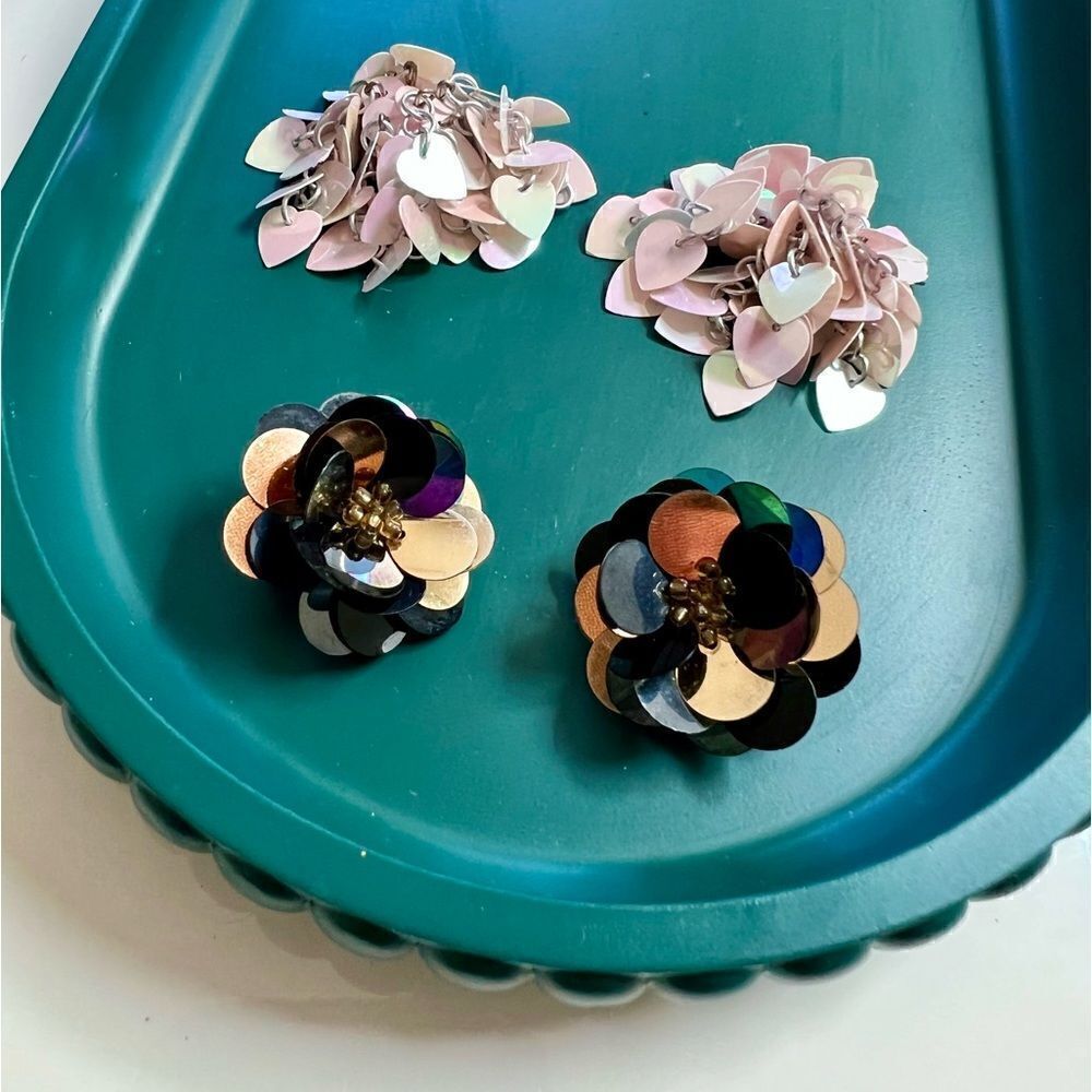 Two Pairs Unique Vintage Whimsical Handmade Iridescent Sequins Clip On Earrings